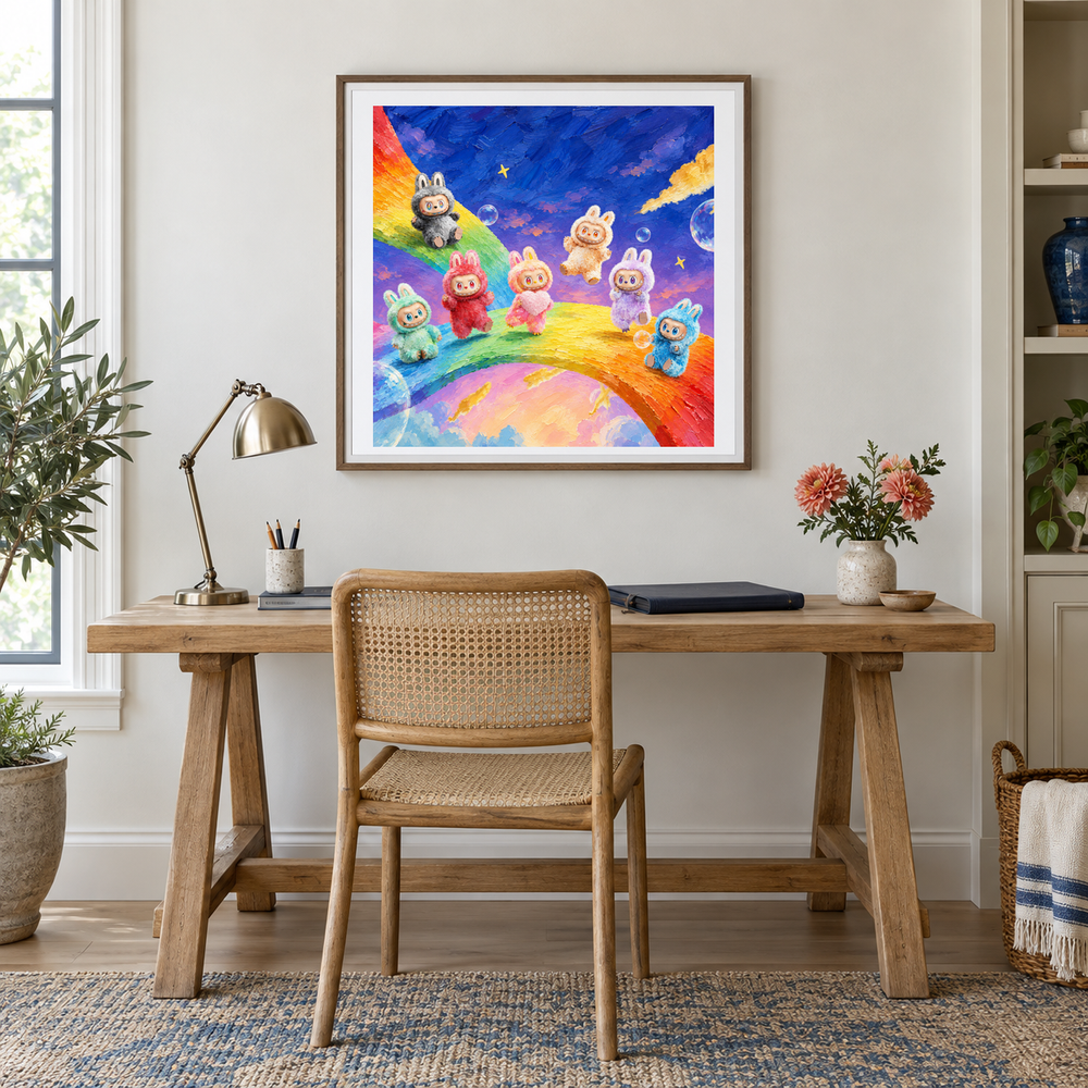 Rainbow Dream Parade oil painting displayed in a creative workspace