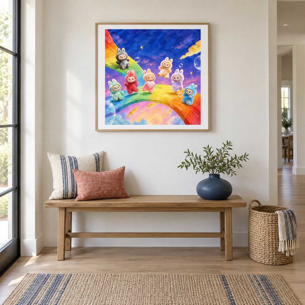 Rainbow Dream Parade oil painting displayed in a entryway