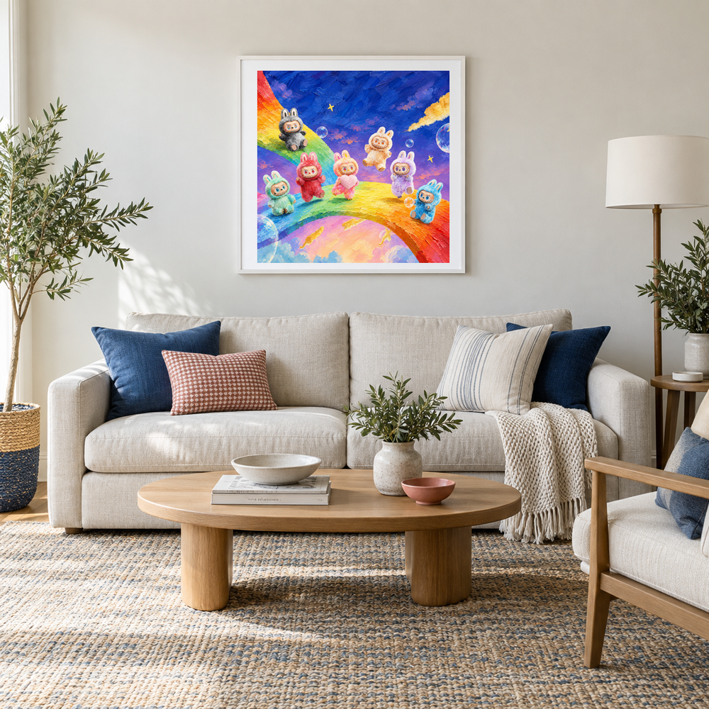 Rainbow Dream Parade oil painting displayed in a living room