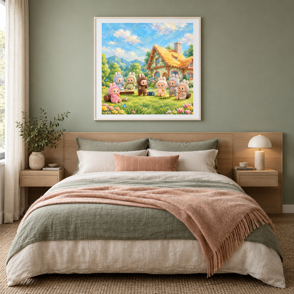 Pastel Garden Gathering oil painting displayed in a bedroom