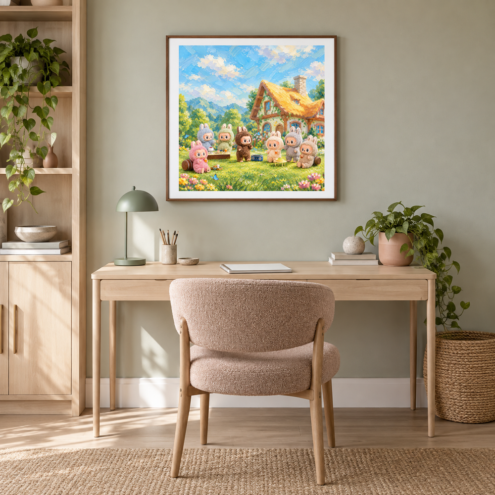 Pastel Garden Gathering oil painting displayed in a creative workspace