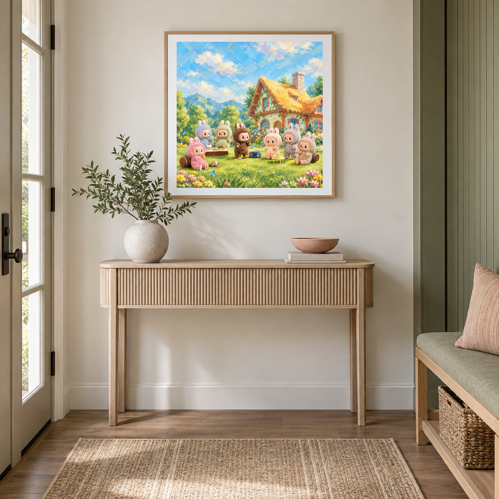 Pastel Garden Gathering oil painting displayed in a entryway