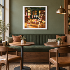 After Hours Color Club oil painting displayed in a cafe lounge
