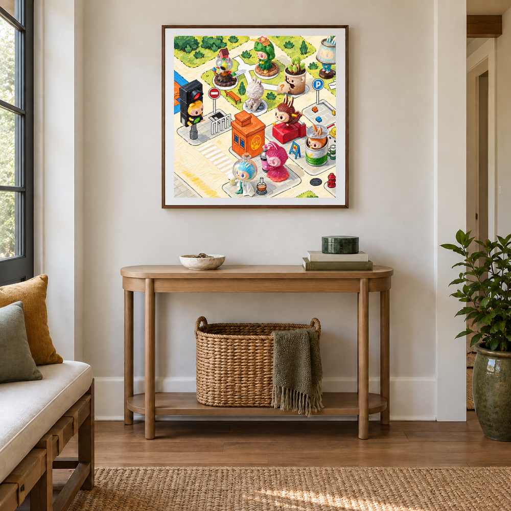 Little City Daydreams oil painting displayed in a entryway