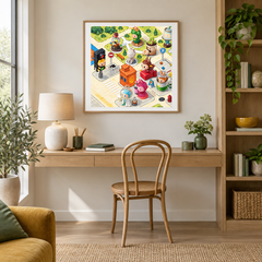 Little City Daydreams oil painting displayed in a creative workspace