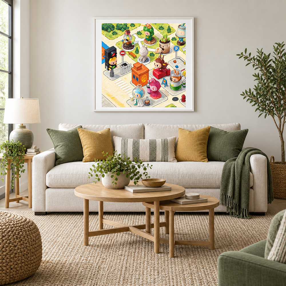 Little City Daydreams oil painting displayed in a living room