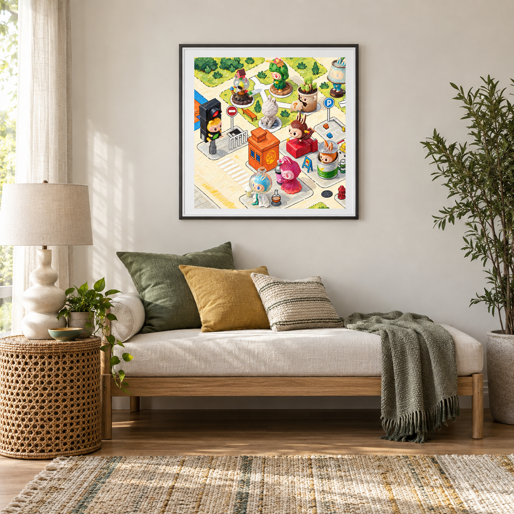 Little City Daydreams oil painting displayed in a reading area