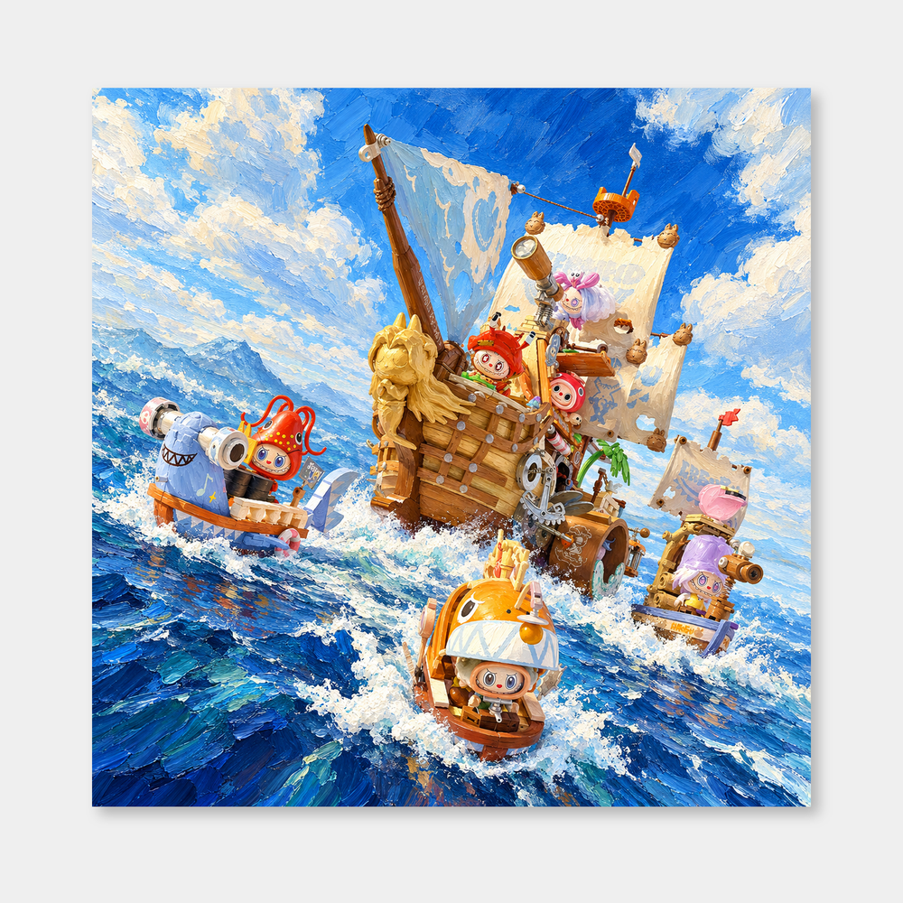 Ocean Adventure Crew inspired oil painting, complete square artwork on a light gray background