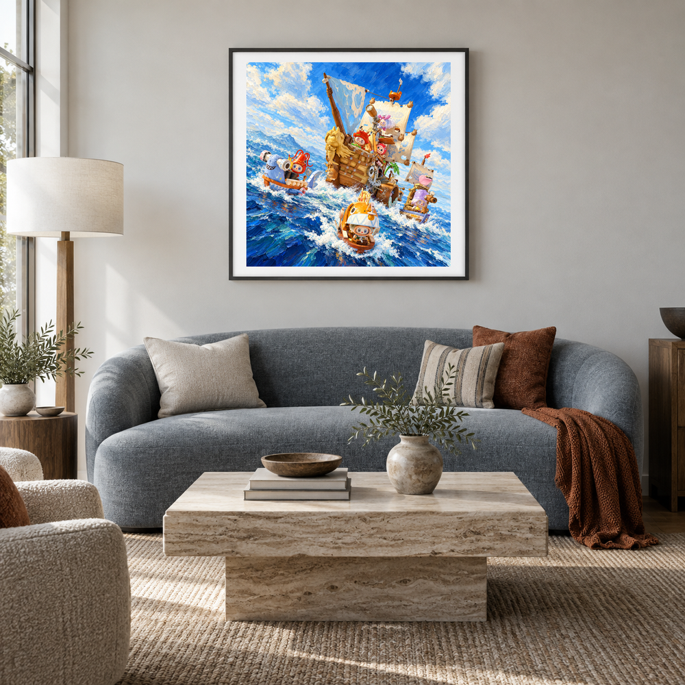 Ocean Adventure Crew oil painting displayed in a living room