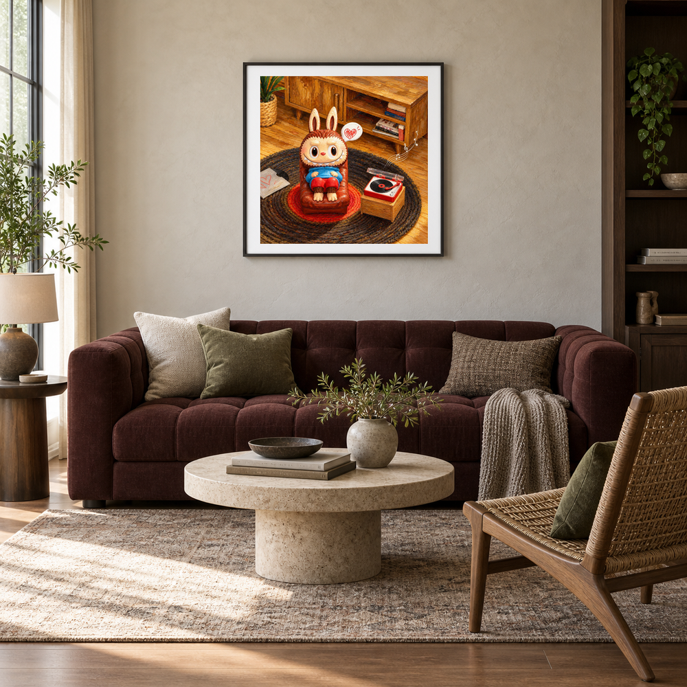 Sunday Listening Session oil painting displayed in a living room