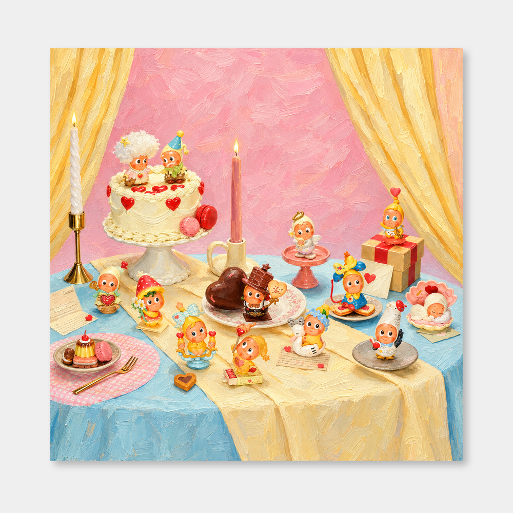 Sweet Little Celebration inspired oil painting, complete square artwork on a light gray background