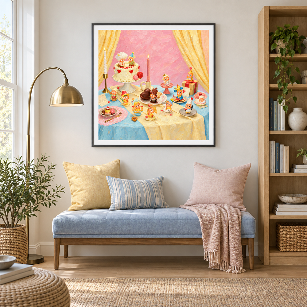 Sweet Little Celebration oil painting displayed in a reading area