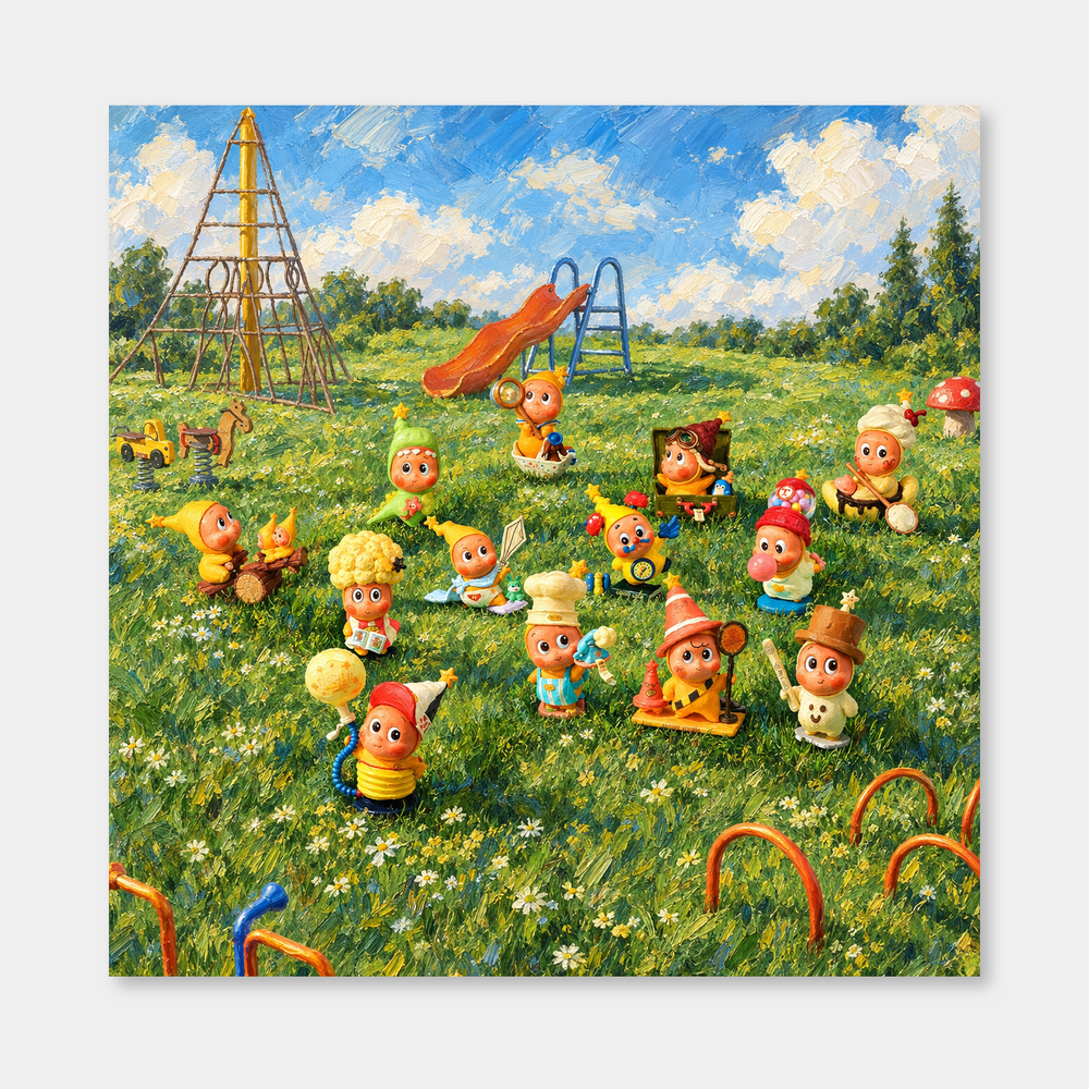 Garden Playdate inspired oil painting, complete square artwork on a light gray background