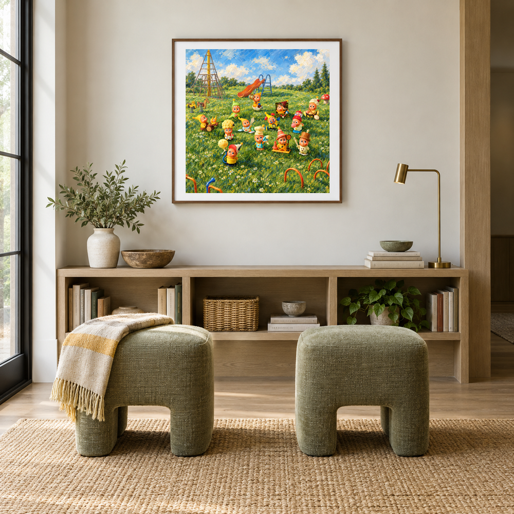 Garden Playdate oil painting displayed in a reading area