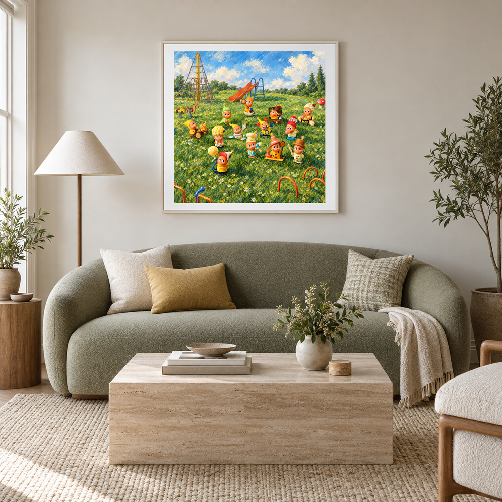 Garden Playdate oil painting displayed in a living room