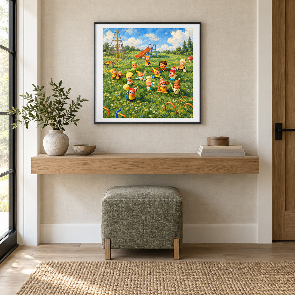 Garden Playdate oil painting displayed in a entryway