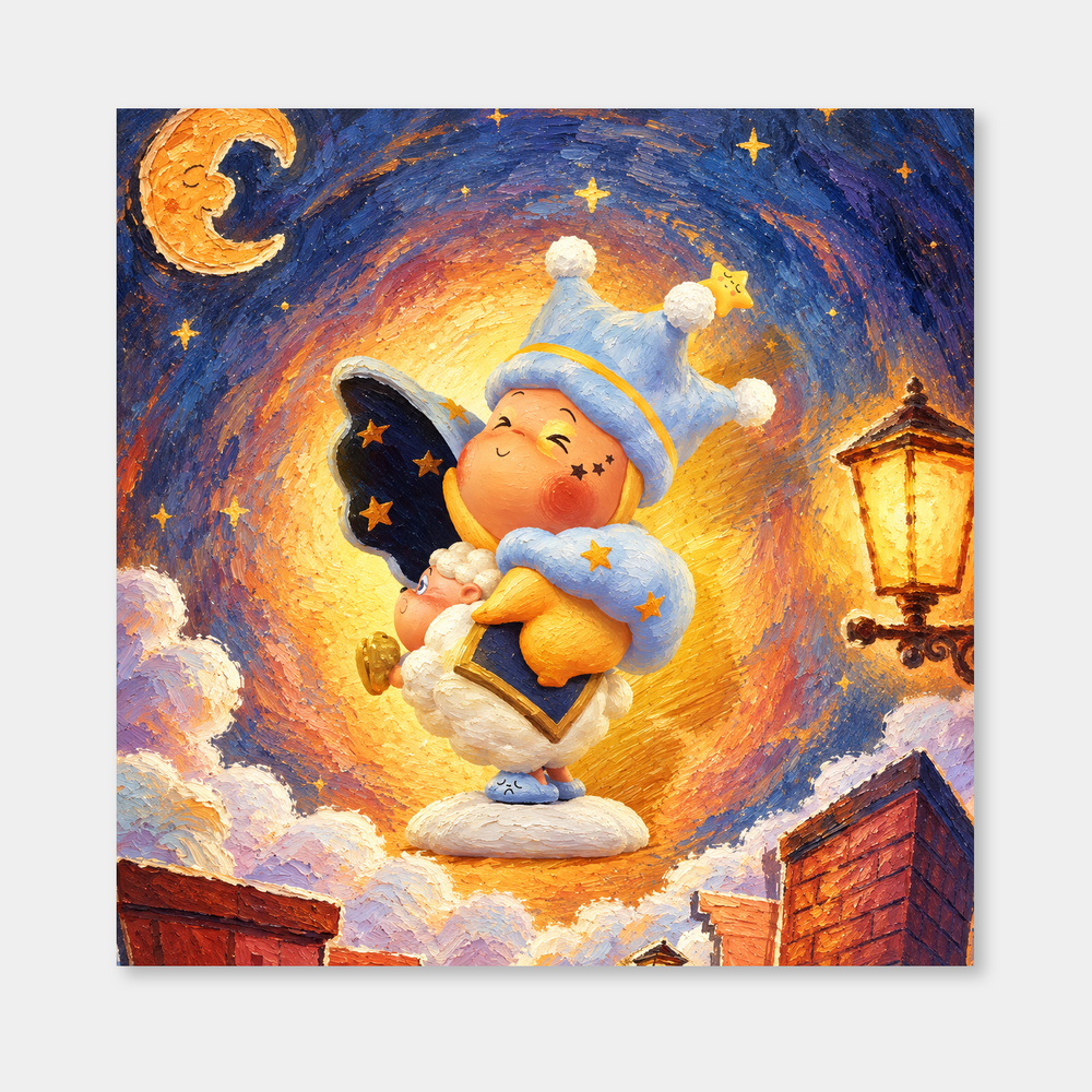Moonlight Story Keeper inspired oil painting, complete square artwork on a light gray background