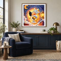 Moonlight Story Keeper oil painting displayed in a reading area