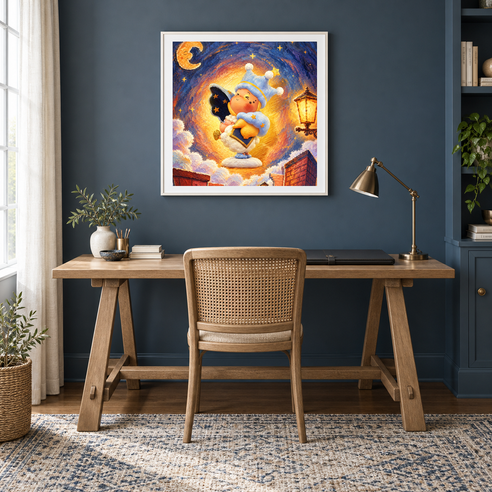 Moonlight Story Keeper oil painting displayed in a creative workspace