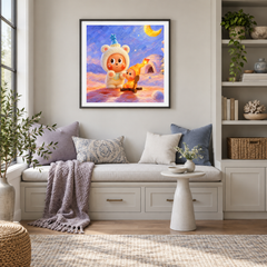 A Little Warmth oil painting displayed in a reading area