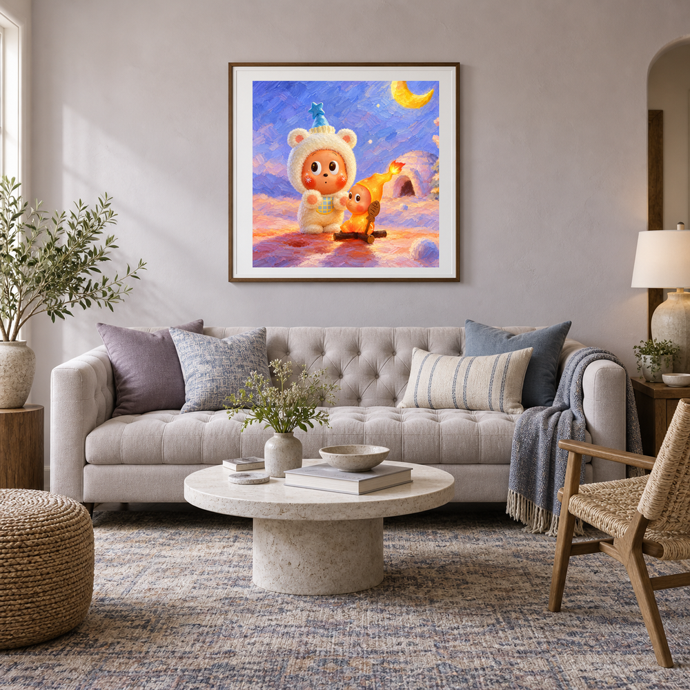 A Little Warmth oil painting displayed in a living room