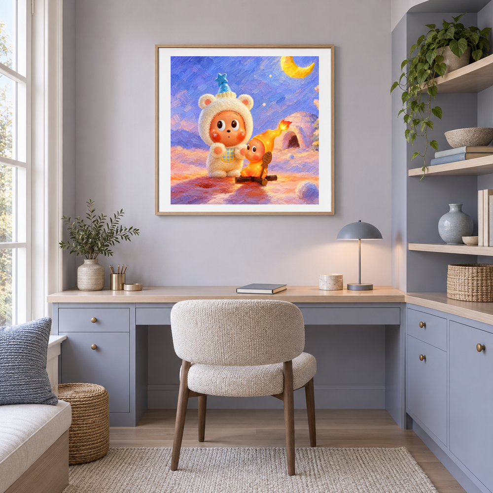 A Little Warmth oil painting displayed in a creative workspace