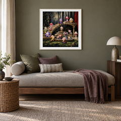 Midnight Petal Theatre oil painting displayed in a reading area