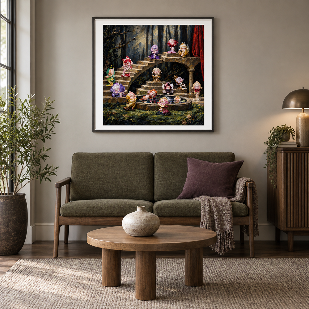 Midnight Petal Theatre oil painting displayed in a cafe lounge