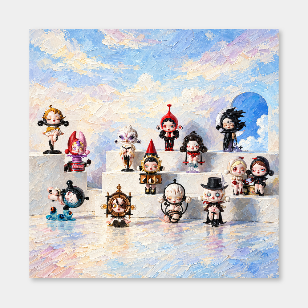 The Dreamer's Gallery inspired oil painting, complete square artwork on a light gray background