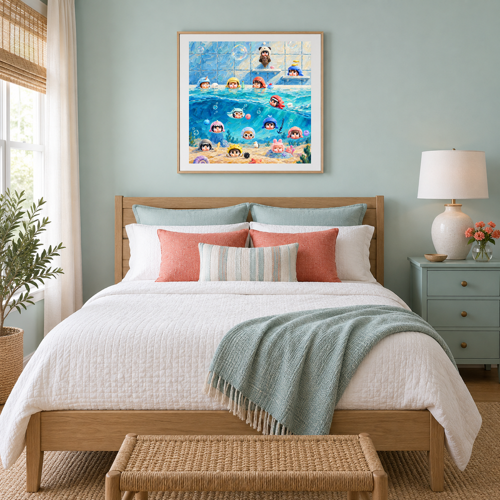 Poolside Little Feelings oil painting displayed in a bedroom