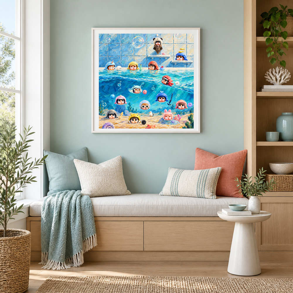 Poolside Little Feelings oil painting displayed in a reading area