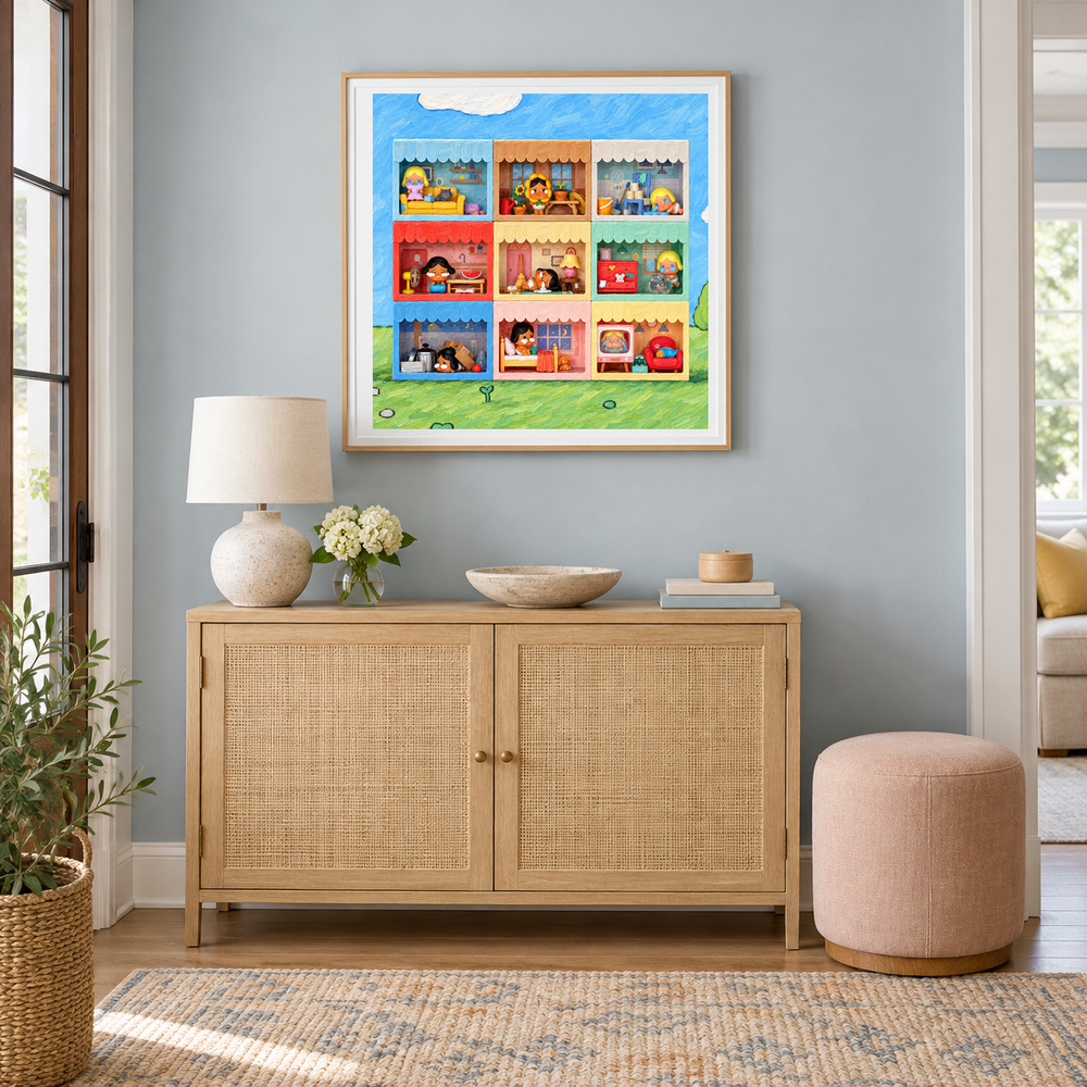 Nine Small Stories oil painting displayed in a entryway