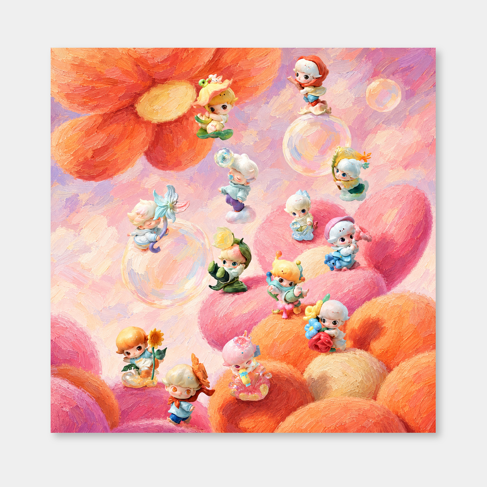 Blossom Daydream Parade inspired oil painting, complete square artwork on a light gray background