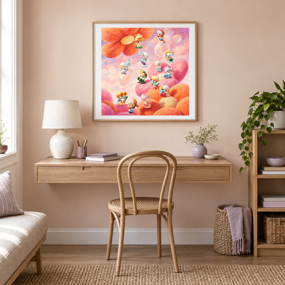 Blossom Daydream Parade oil painting displayed in a creative workspace