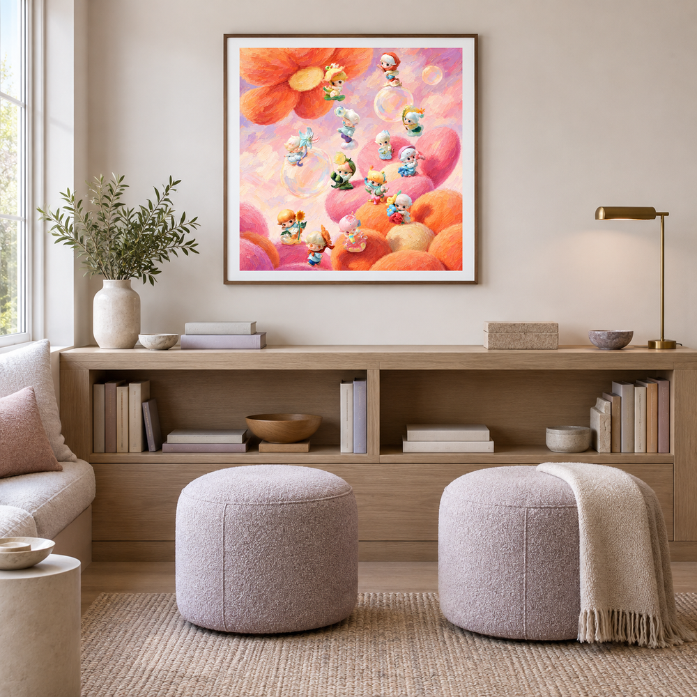 Blossom Daydream Parade oil painting displayed in a reading area
