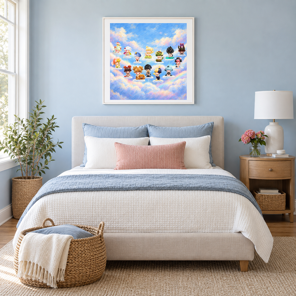 Cloud Companion Circle oil painting displayed in a bedroom