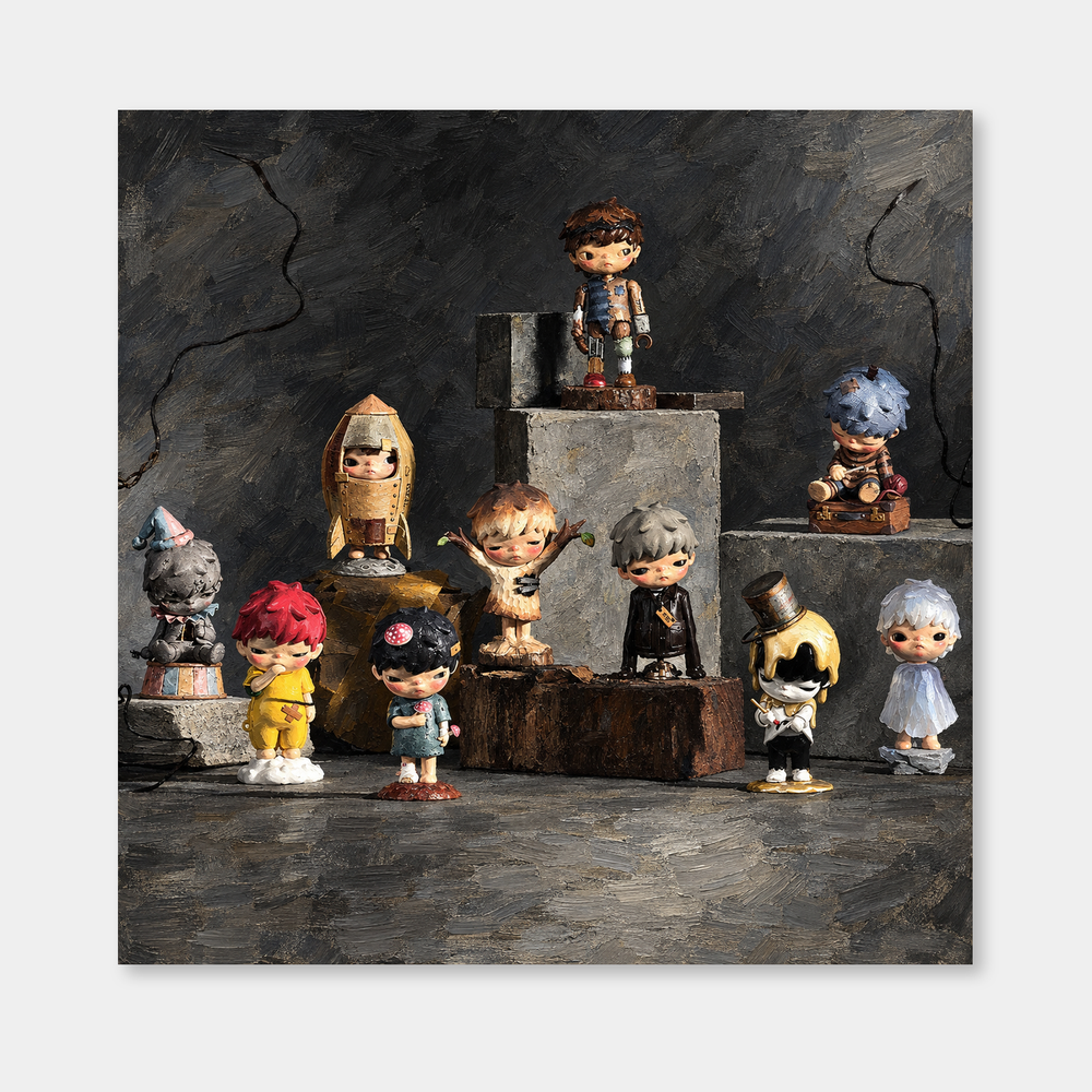 The Quiet Cast inspired oil painting, complete square artwork on a light gray background