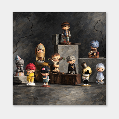 The Quiet Cast inspired oil painting, complete square artwork on a light gray background
