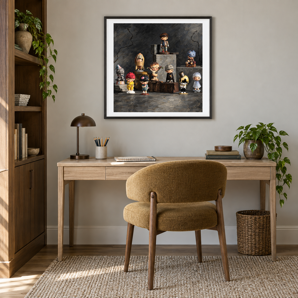 The Quiet Cast oil painting displayed in a creative workspace
