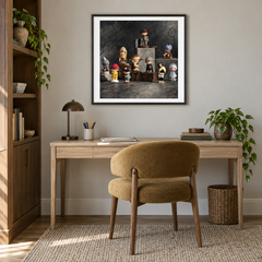 The Quiet Cast oil painting displayed in a creative workspace