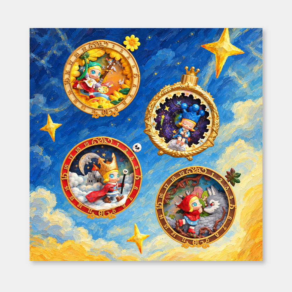 Golden Story Portals inspired oil painting, complete square artwork on a light gray background