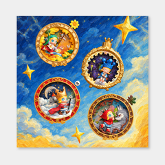 Golden Story Portals inspired oil painting, complete square artwork on a light gray background