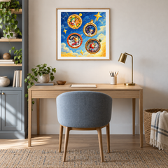 Golden Story Portals oil painting displayed in a creative workspace