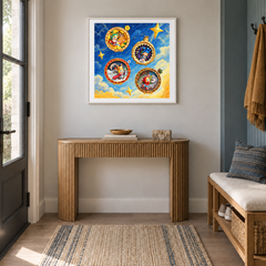 Golden Story Portals oil painting displayed in a entryway