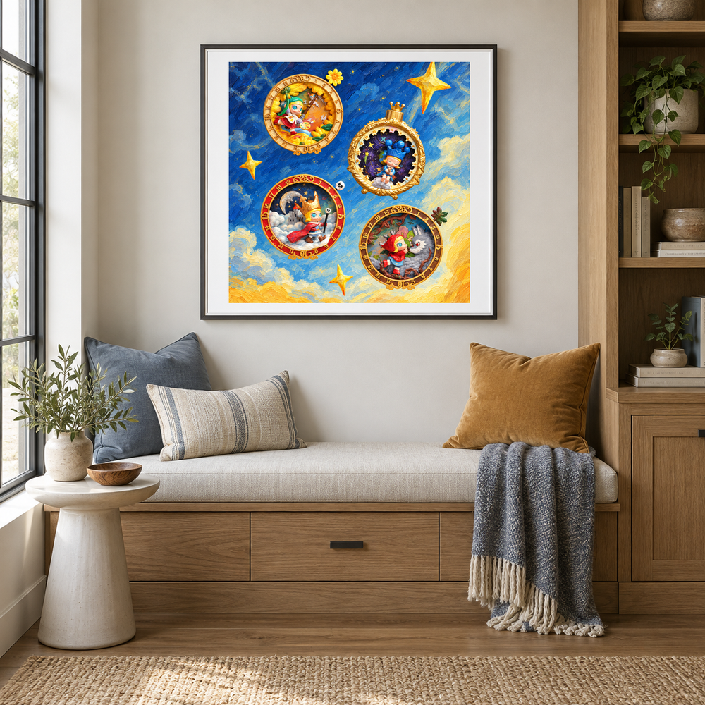 Golden Story Portals oil painting displayed in a reading area
