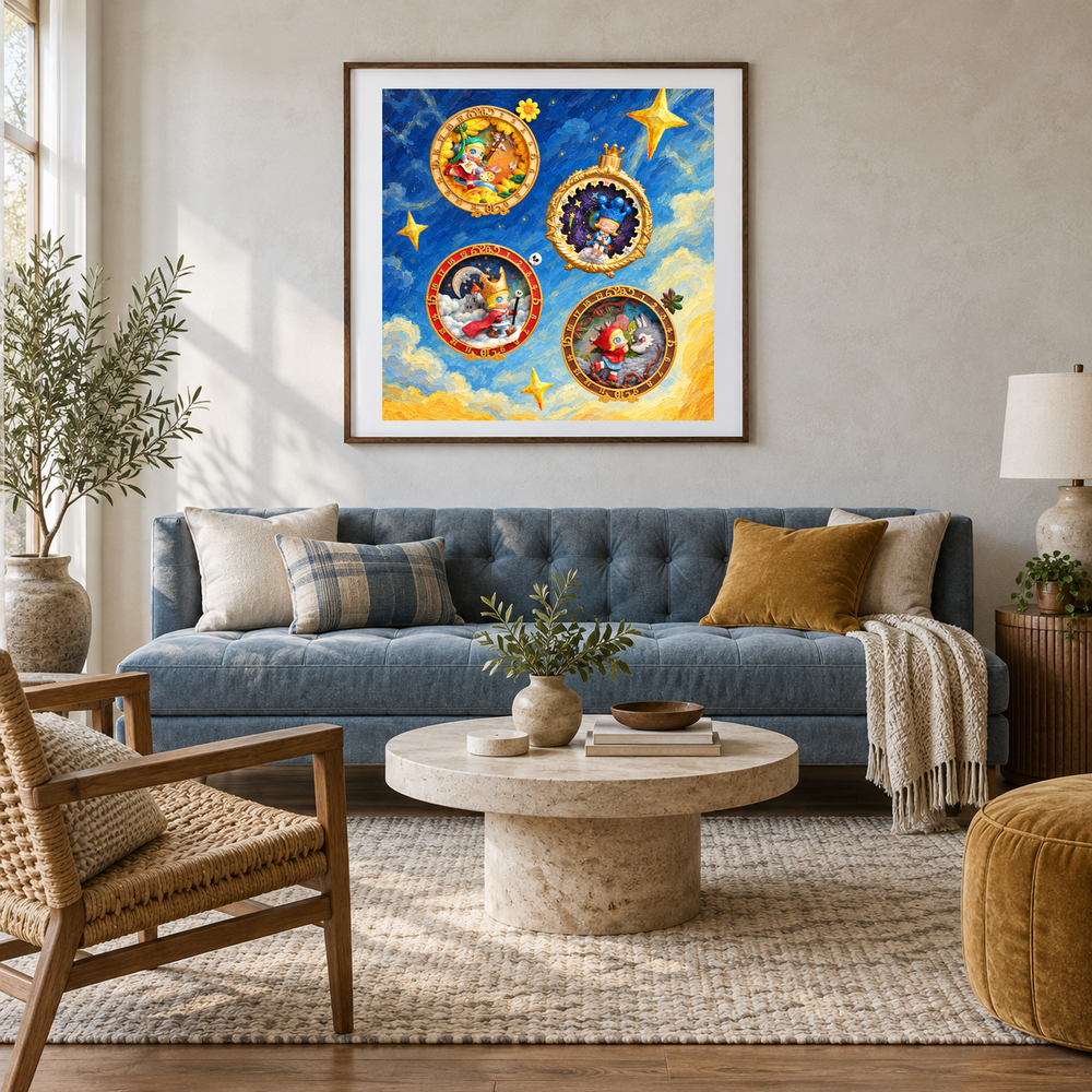 Golden Story Portals oil painting displayed in a living room