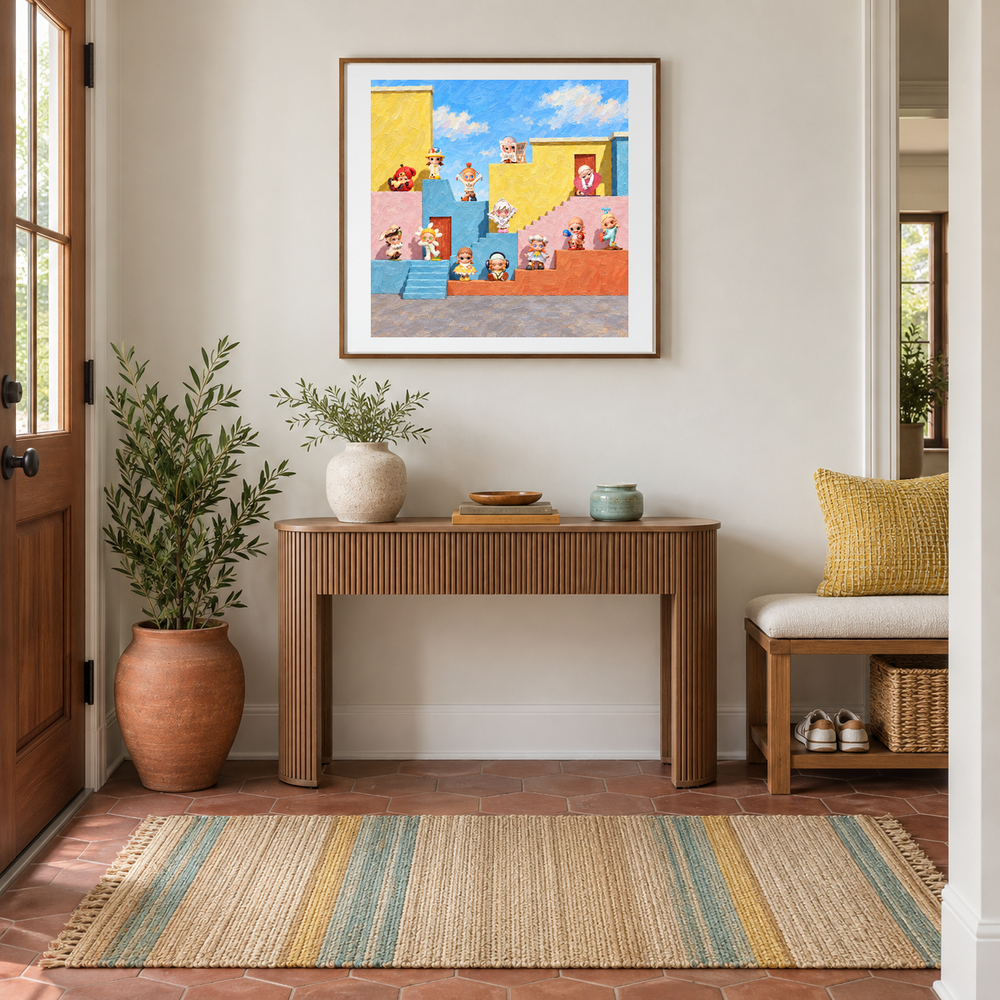 Sunlit Little Rebels oil painting displayed in a entryway