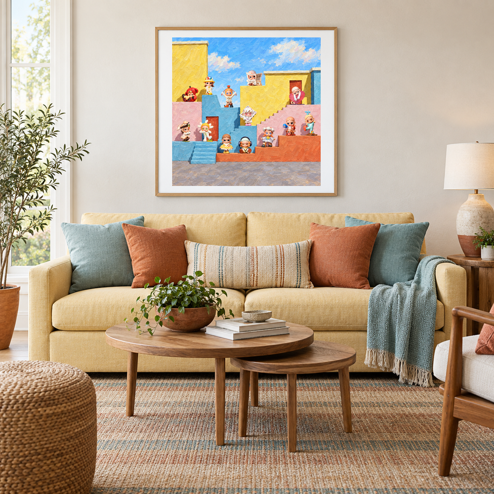 Sunlit Little Rebels oil painting displayed in a living room
