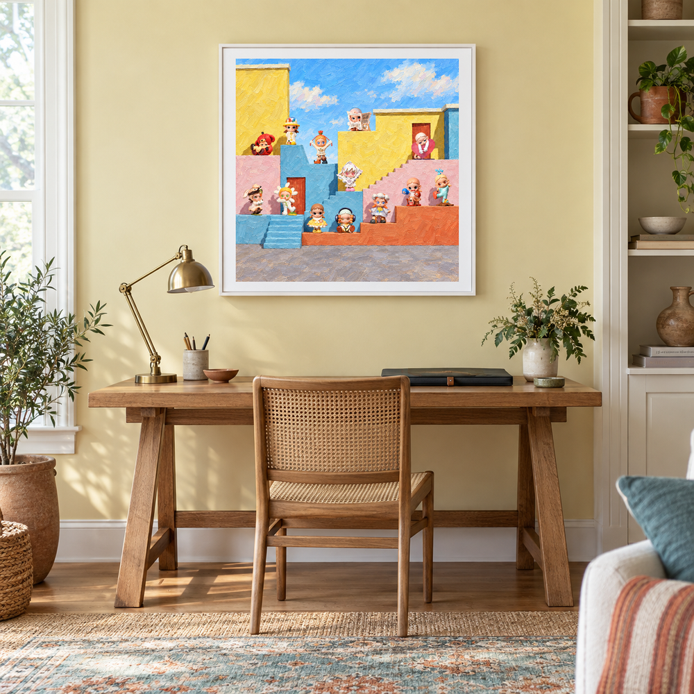 Sunlit Little Rebels oil painting displayed in a creative workspace