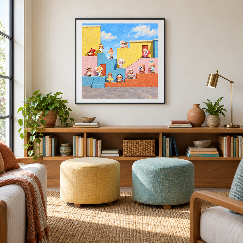 Sunlit Little Rebels oil painting displayed in a reading area